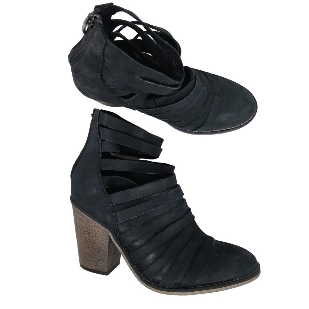 Free People Hybrid Strappy Stacked Heel Ankle Boots Black Sz 39